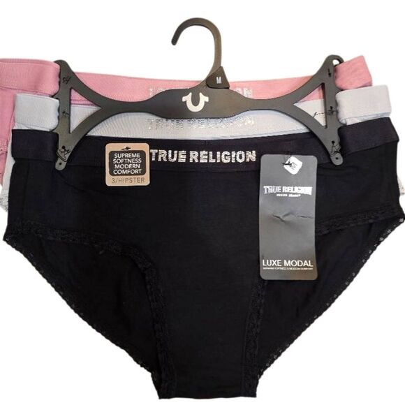 True Religion Luxe Modal Rhinestone Logo The Hipster 3-PK - Picture 2 of 5
